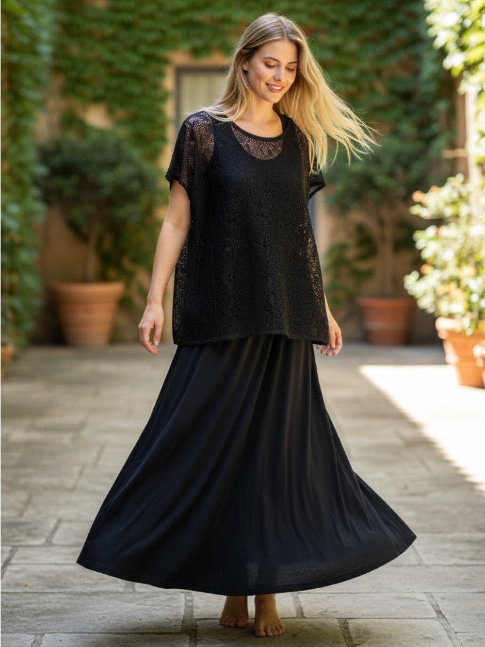 Eileen Fisher Black Maxi Dress 2-Piece Set Sheer Overlay Elegant